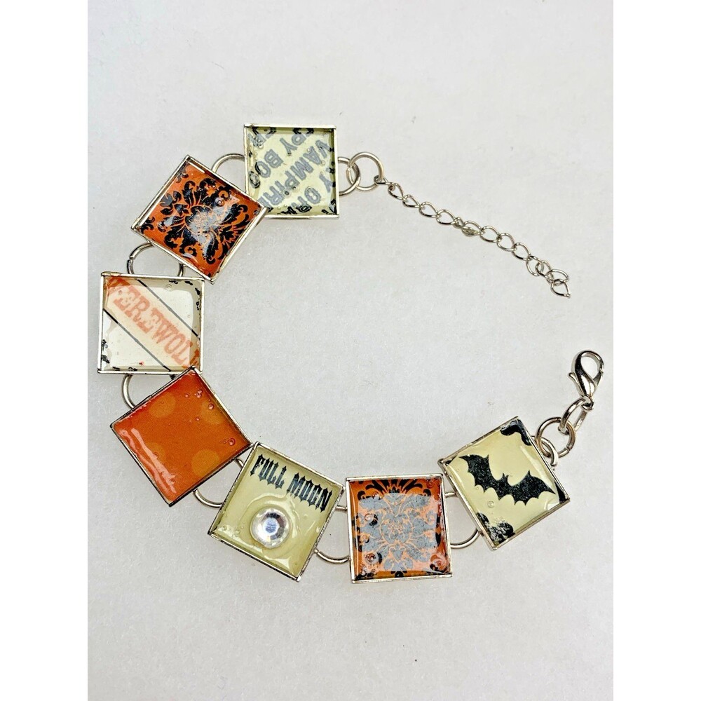Halloween Enamel Link Bracelet Bat Full Moon Werewolf Spooky Charm Silver Tone